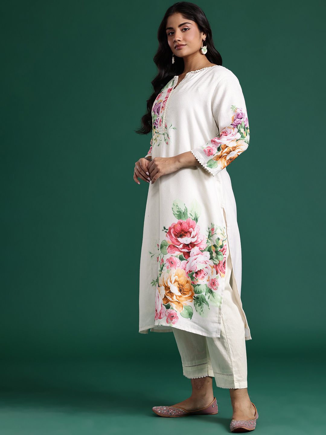 Floral Print Beads & Stones Kurta with Trousers & Dupatta