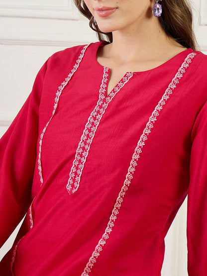 Floral Embroidered Notch Neck Zari Panelled Straight Kurta & Trousers