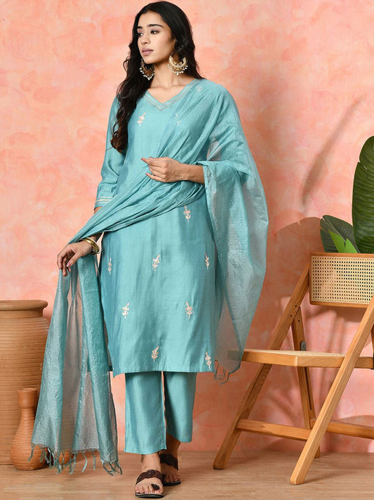 Dhiyona SN Women's Solid Embroidered Kurta with Trousers & Dupatta