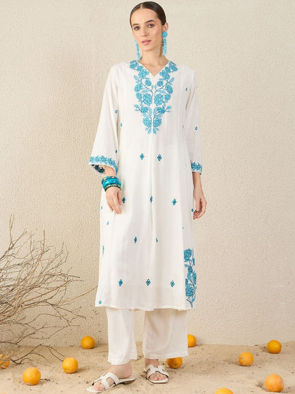 Floral Embroidered A-Line Thread Work Kurta With Trousers & Dupatta
