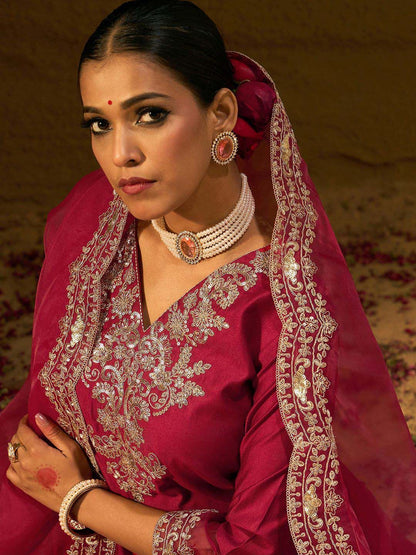 Dhiyona IE Ethnic Motifs Embroidered Thread Work Liva Straight Kurta With Trousers & Dupatta