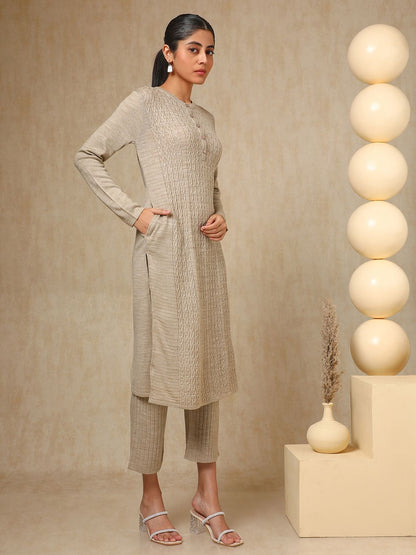 Dhiyona SO Women's Beige Geometric Woven Design Acrylic Straight Kurta With Trouser