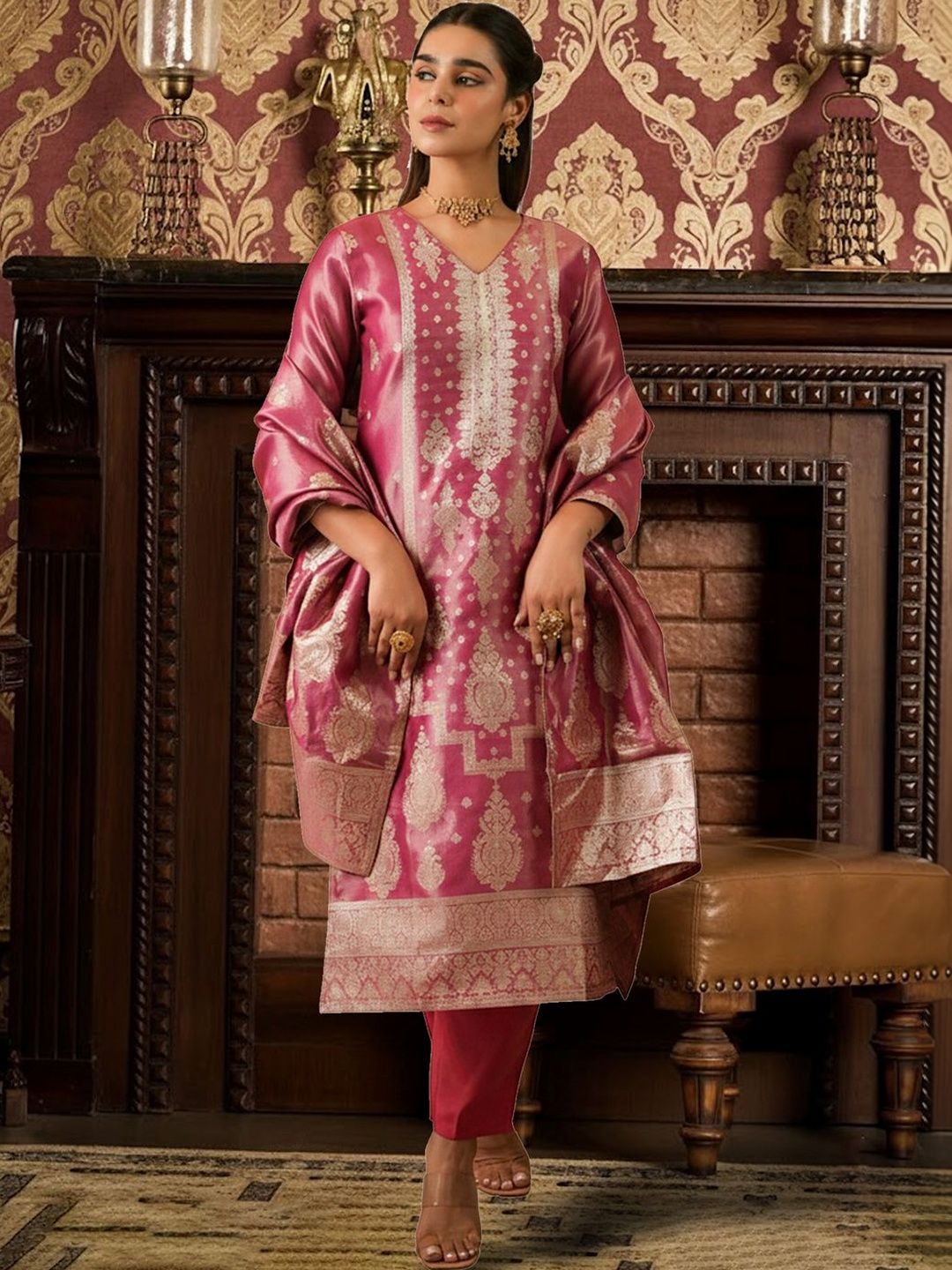 Women Ethnic Motifs Regular Kurta with Trousers & With Dupatta