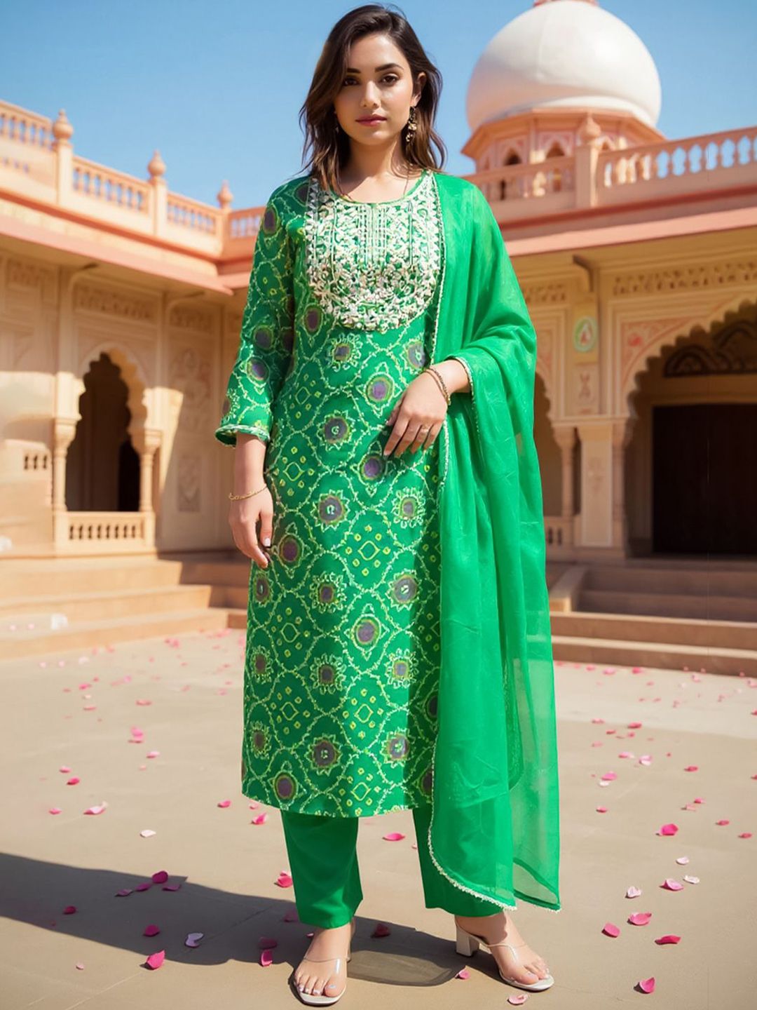 Ethnic Motifs Embroidered Sequinned Straight Kurta With Trousers & Dupatta
