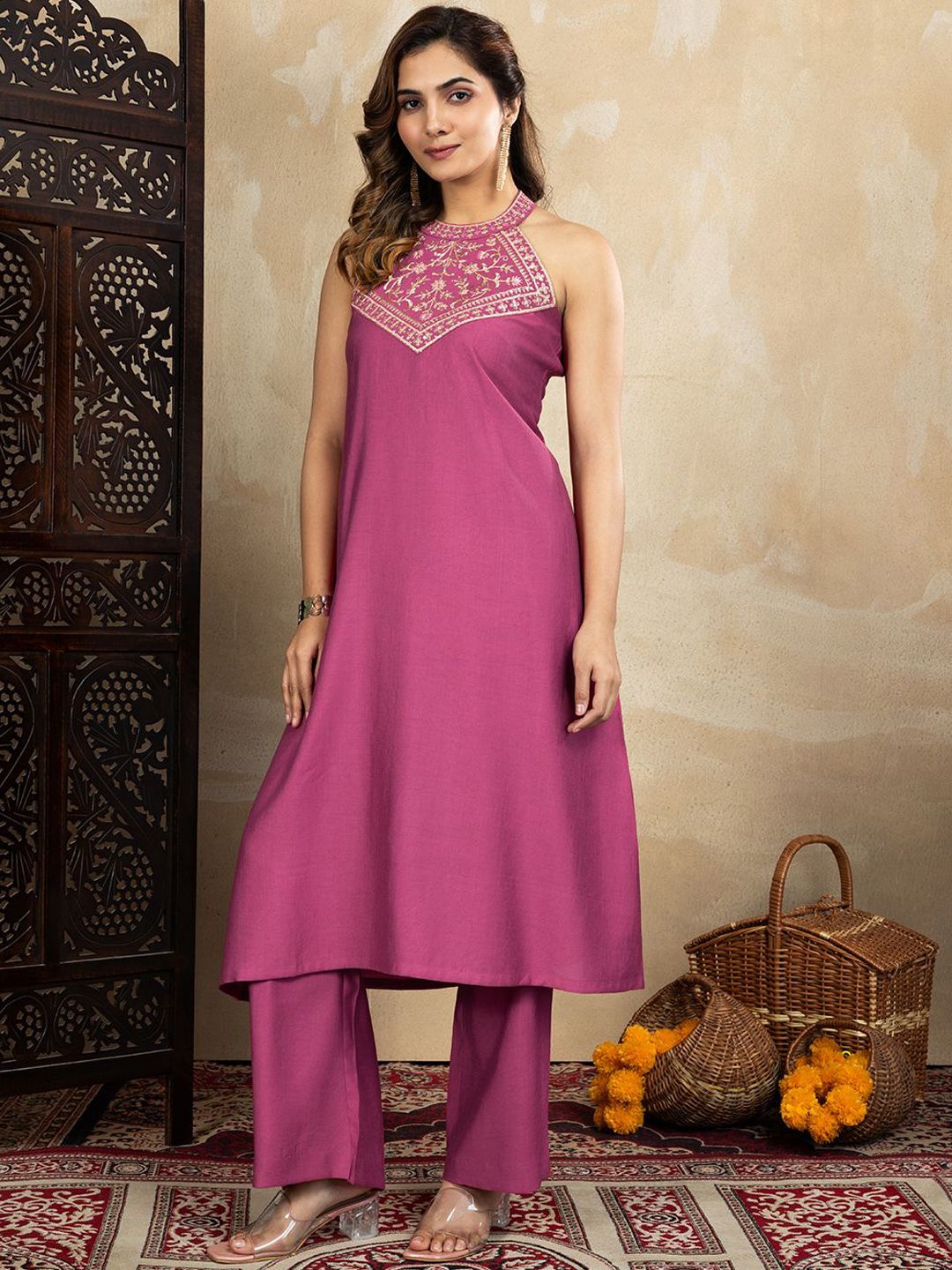 Dhiyona PD Women Floral Yoke Design Thread Work A-Line Kurta & Trousers