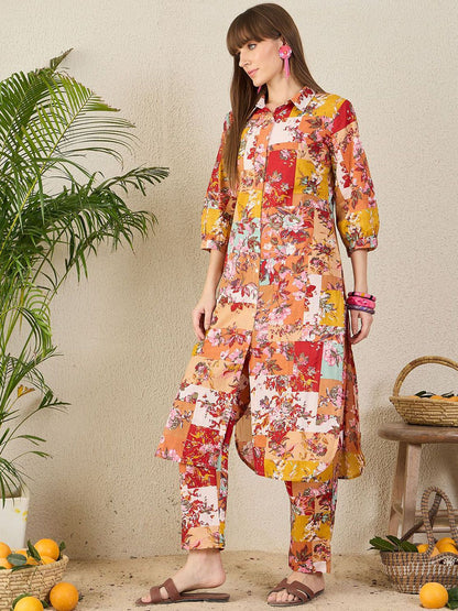 Dhiyona IE Floral Printed Pure Cotton Shirt Collar Tunic With Trousers