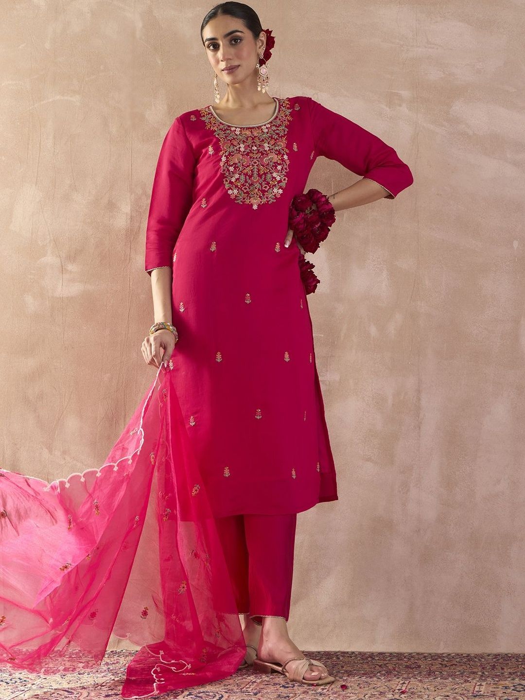 Floral Embroidered Straight Thread Work Kurta With Trousers & With Dupatta