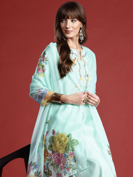 Dhiyona IE Floral Embroidered Thread Work Kurta with Trousers & With Dupatta