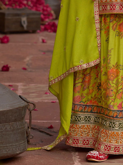 Dhiyona IE Floral Embroidered Sequinned Chinon Straight Kurta With Sharara & Dupatta