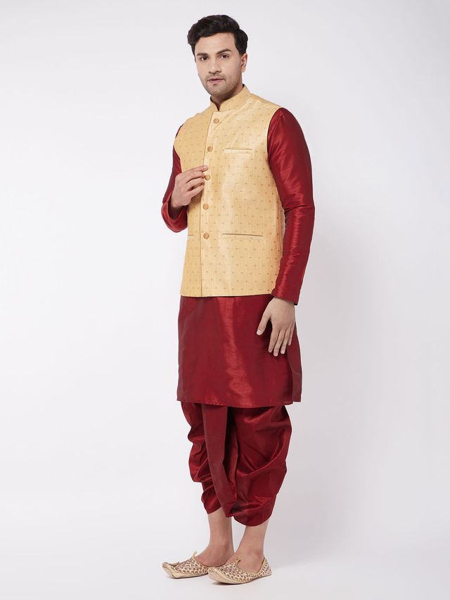 Men's Maroon Silk Blend Straight Jacket  Kurta and Dhoti Set