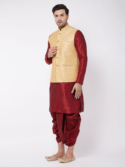 Men's Maroon Silk Blend Straight Jacket  Kurta and Dhoti Set