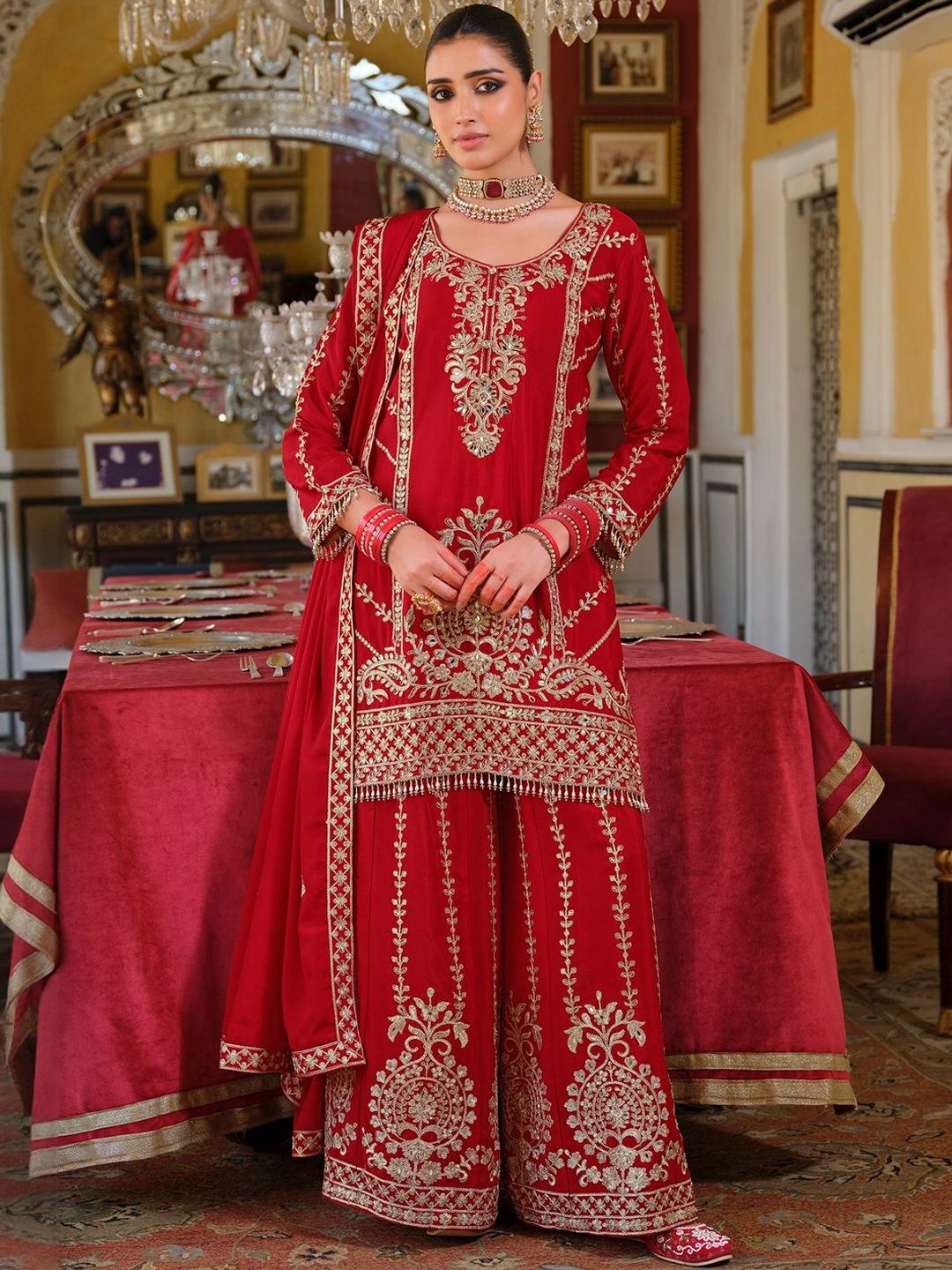 Women Ethnic Motifs Embroidered Mirror Work Kurta with Palazzos & Dupatta