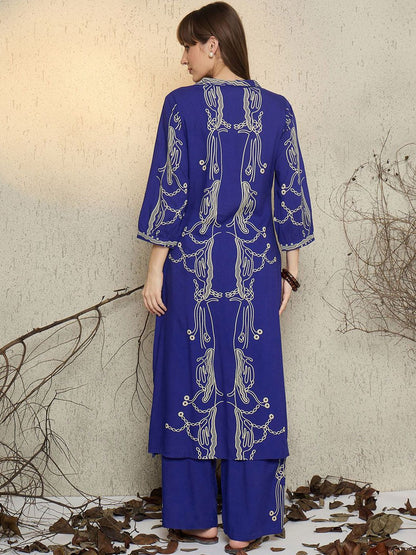 Women Printed Regular Beads and Stones Kurta with Trousers