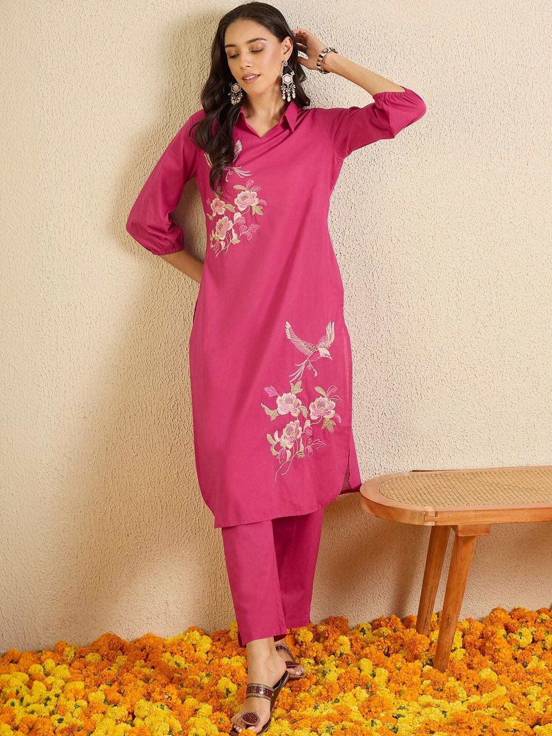 Women Floral Embroidered Regular Thread Work Pure Cotton Kurta with Trousers