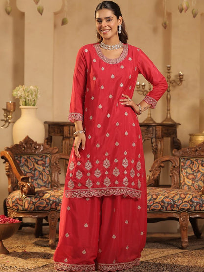 Ethnic Motifs Embroidered Straight Chinon Kurta & Palazzos With Dupatta