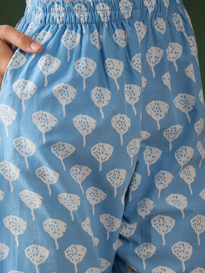Dhiyona SN Women's Blue Floral Printed Mandarin Collar Pure Cotton Kurta With Trouser & Dupatta