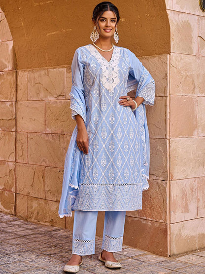 Women Floral Embroidered Pure Cotton Kurta with Trousers & Dupatta