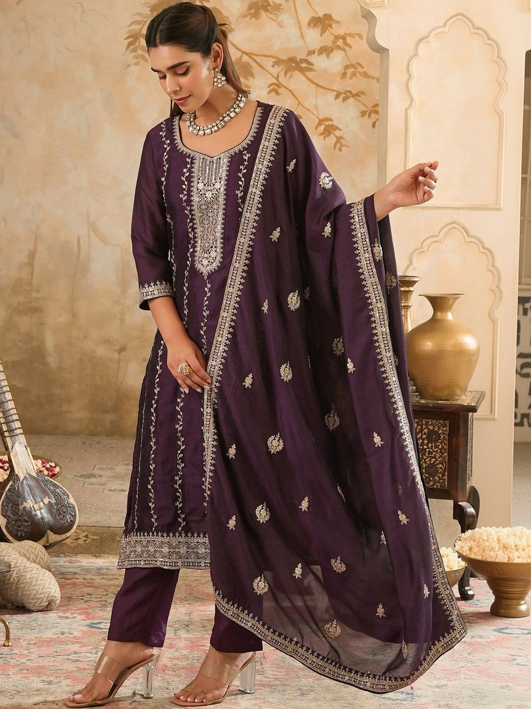 Women Ethnic Motifs Embroidered Regular Thread Work Kurta with Trousers & With Dupatta