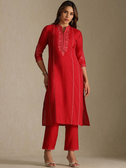 Dhiyona SO Women's Women Floral Embroidered Regular Thread Work Kurta with Trousers