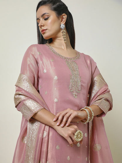 Dhiyona SO Women's Embroidered Beads & Stones Straight Kurta with Trousers & Dupatta
