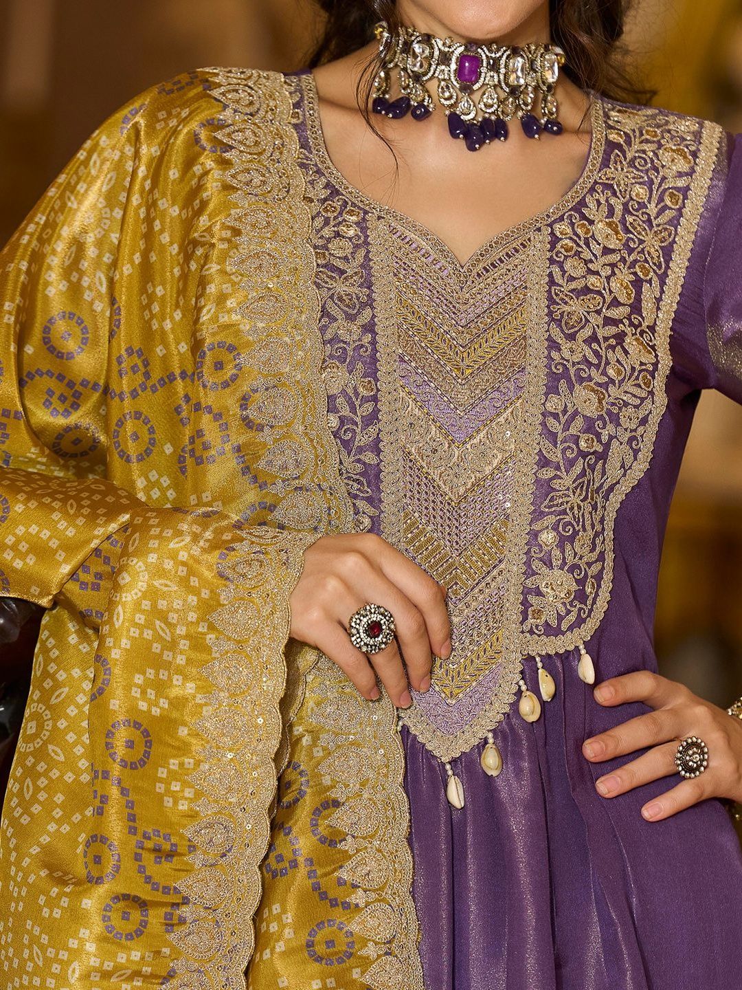 Floral Embroidered Sweetheart Neck Bandhani Kurta With Trousers & Dupatta