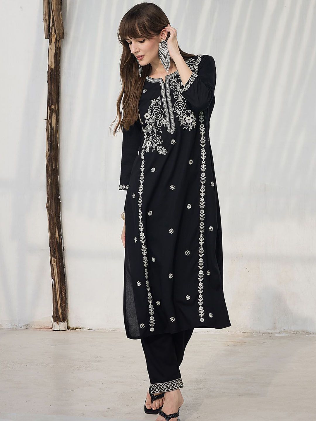 Dhiyona IE Embroidered Pure Cotton Round Neck Top With Trousers Co-Ords