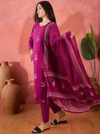 Dhiyona SN Women's Floral Printed Pure Cotton Kurta & Trousers With Dupatta