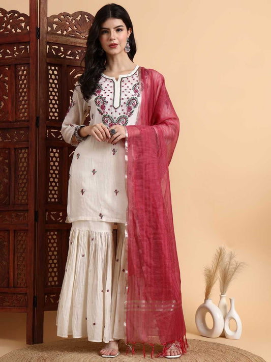 Dhiyona HOP Floral Embroidered Chikankari Chanderi Silk Kurta With Sharara & Dupatta