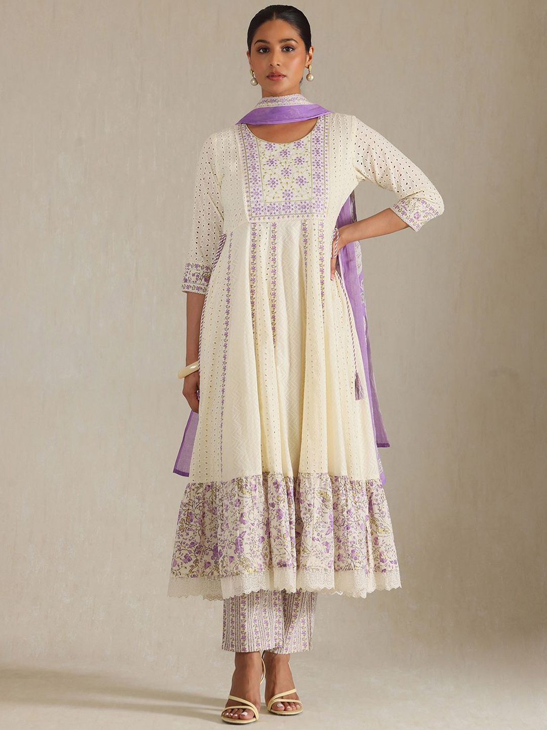 Dhiyona SO Women's Floral Yoke Design Panelled Thread Work A-Line Kurta With Trousers & Dupatta