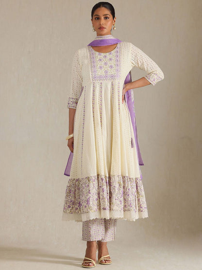 Dhiyona SO Women's Floral Yoke Design Panelled Thread Work A-Line Kurta With Trousers & Dupatta