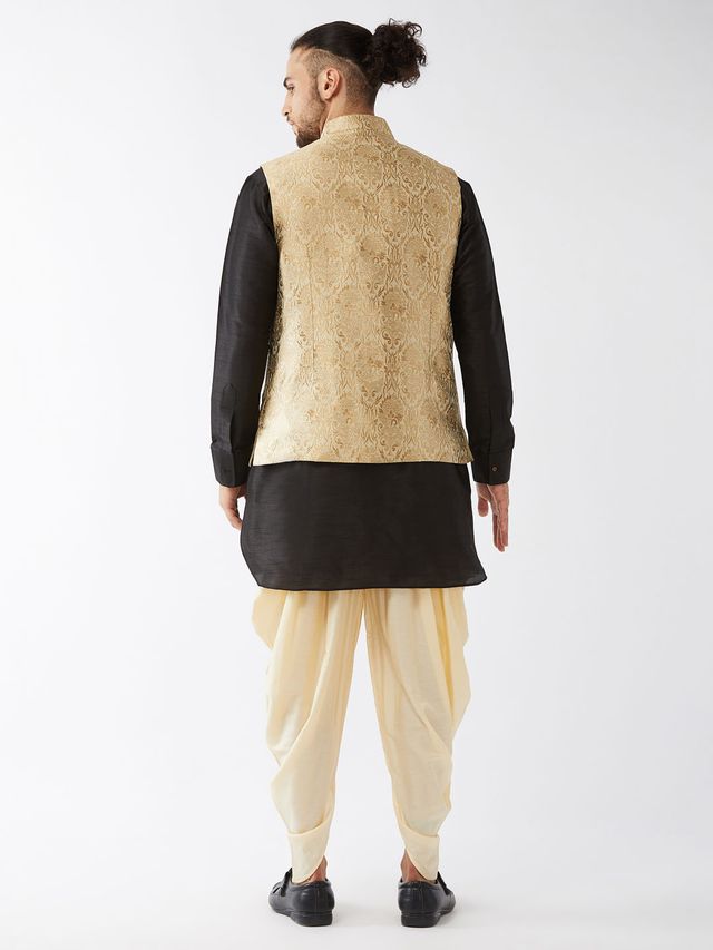 Men's Black Silk Blend Straight Jacket  Kurta and Dhoti Set