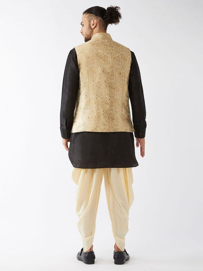 Men's Black Silk Blend Straight Jacket  Kurta and Dhoti Set