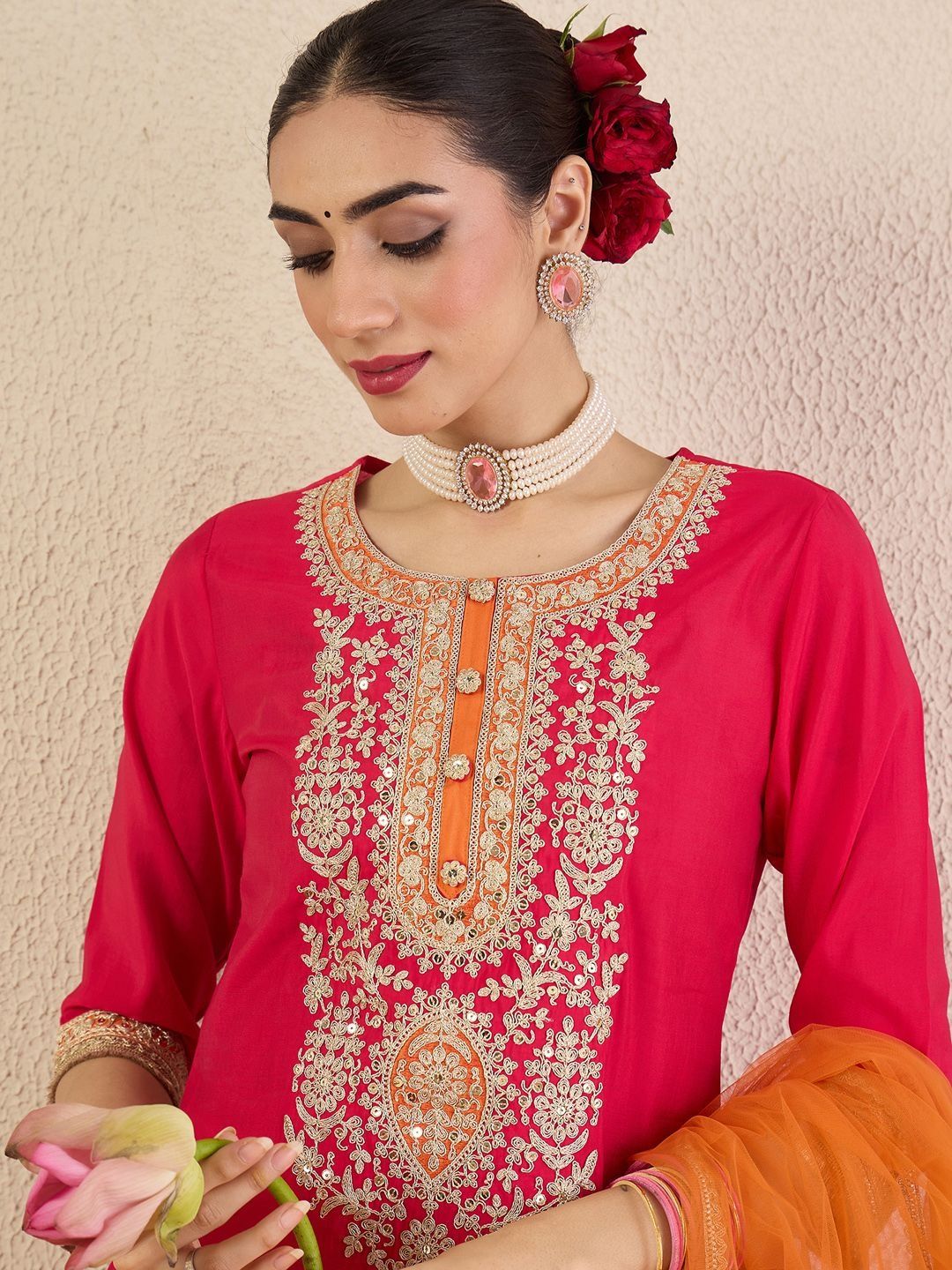 Women Ethnic Motifs Embroidered Regular Kurta with Trousers & With Dupatta