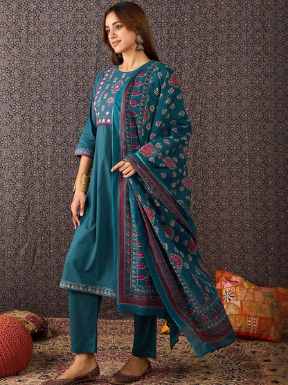 Women Embroidered Regular Thread Work Pure Cotton Kurta with Trousers & Dupatta