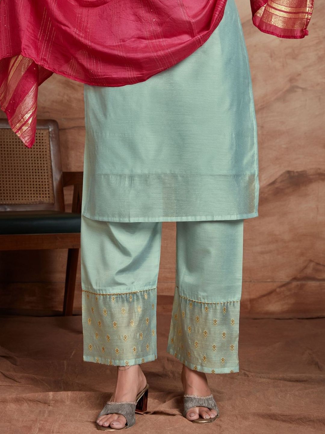 Dhiyona SN Women's Floral Embroidered Sequinned Chanderi Silk Straight Kurta & Palazzo With Dupatta