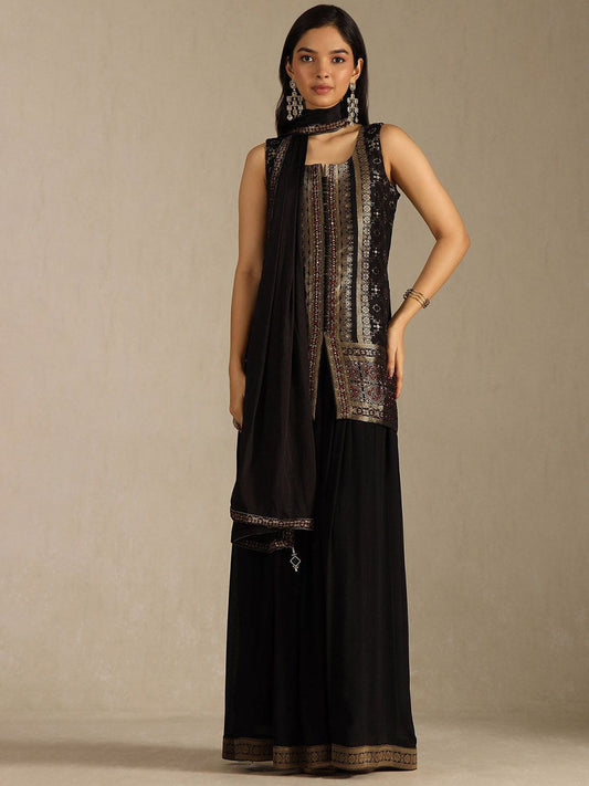 Dhiyona SO Women's Floral Woven Design Mirror Work Kurta With Palazzos & Dupatta