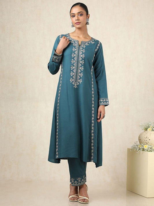 Dhiyona SO Women's Floral Embroidered Thread Work Notch Neck A-Line Kurta With Palazzos