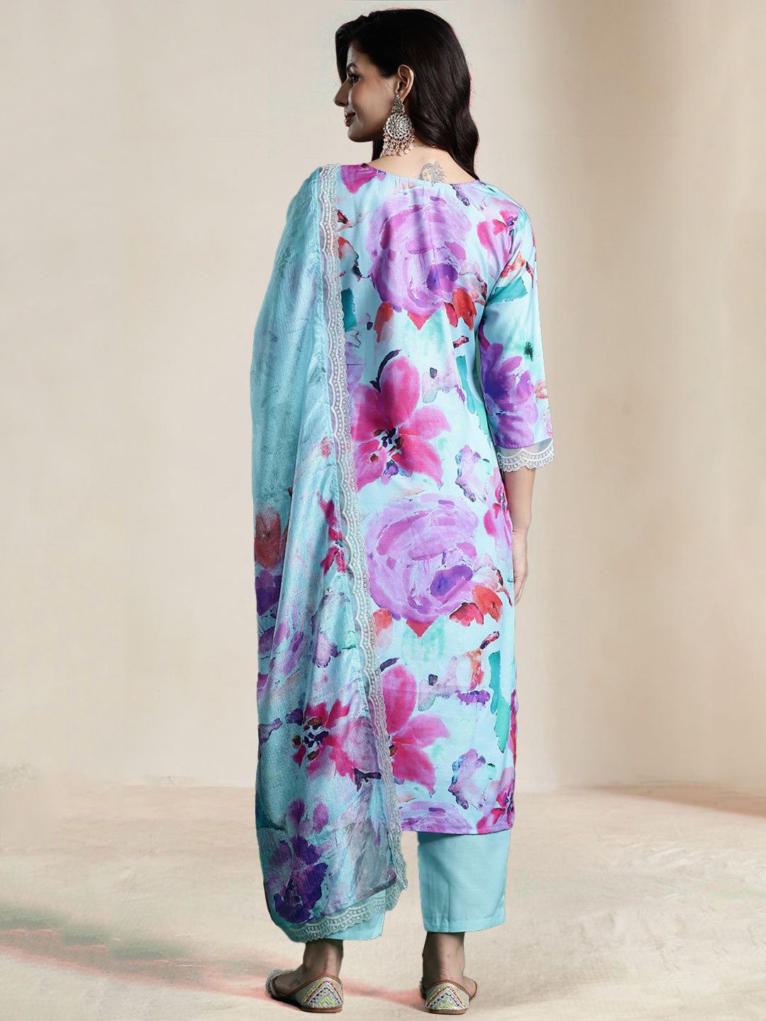 Dhiyona IE Women Floral Embroidered Regular Thread Work Kurta with Trousers & With Dupatta