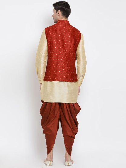 Men's Gold Silk Blend Straight Jacket  Kurta and Dhoti Set