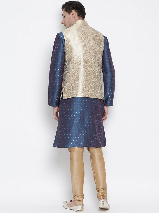 Men's Blue Silk Blend Straight Jacket  Kurta and Pyjama Set