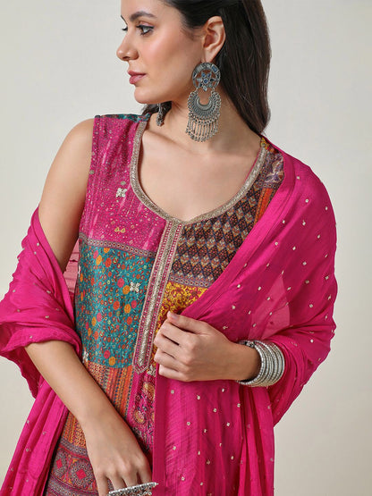 Dhiyona SO Women's Ethnic Motifs Printed Zardozi Straight Kurta & Sharara With Dupatta