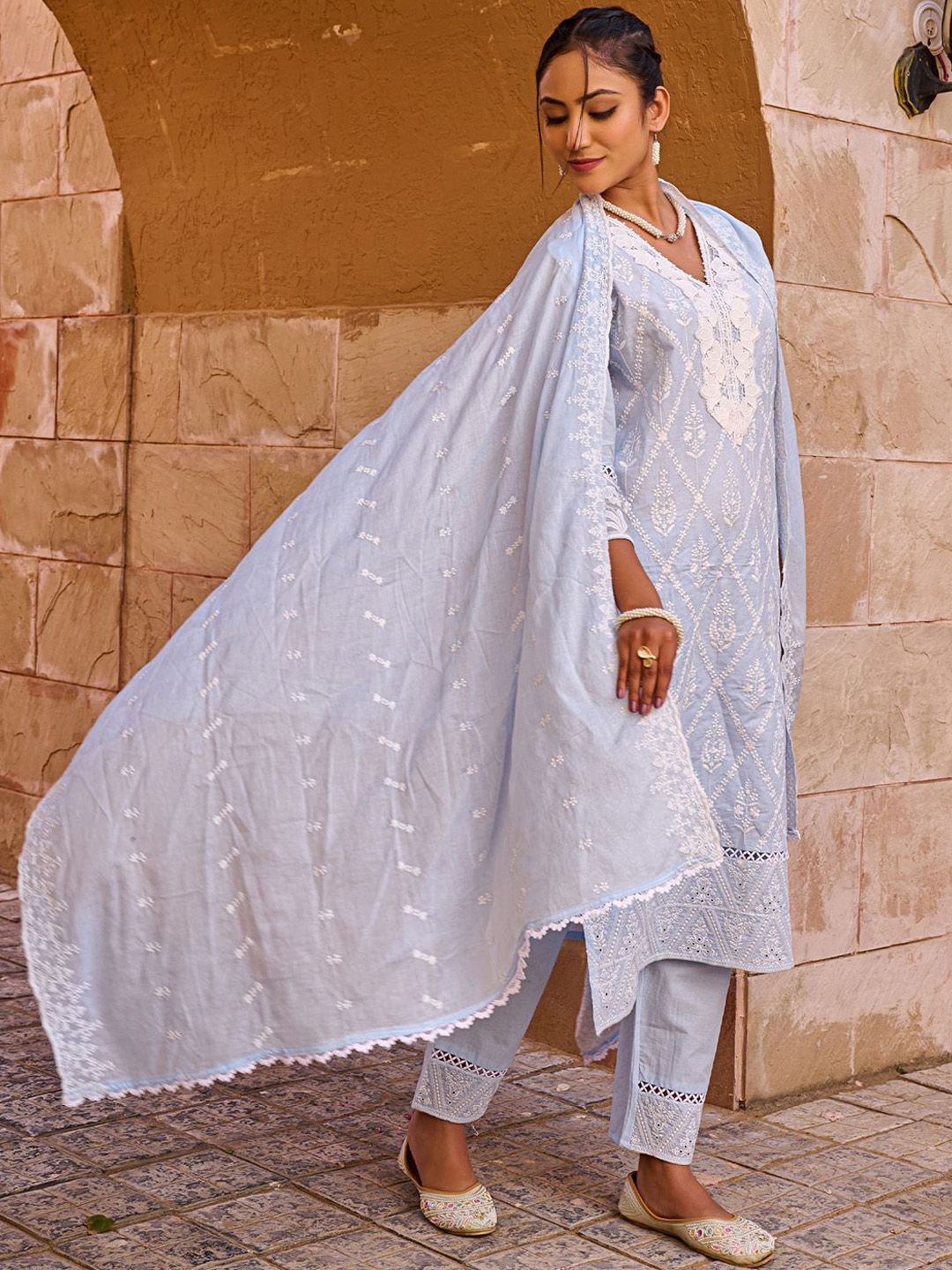 Women Ethnic Motifs Embroidered Cotton Kurta with Trousers & Dupatta