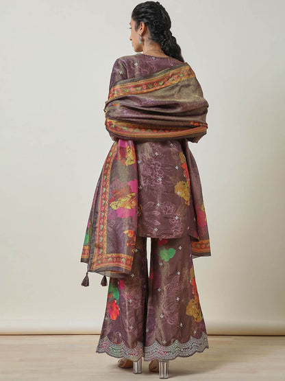 Dhiyona SO Women's Floral Printed V Neck Sequinned Tissue A Line Kurti with Palazzos & Dupatta