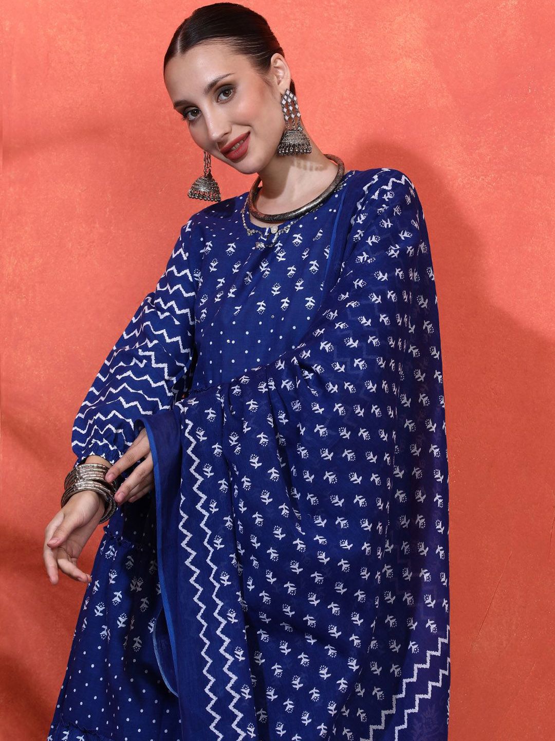 Dhiyona SN Women's Floral Printed Pure Cotton A-Line Kurta & Trousers With Dupatta