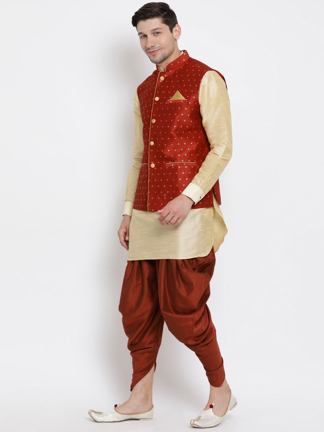 Men's Gold Silk Blend Straight Jacket  Kurta and Dhoti Set