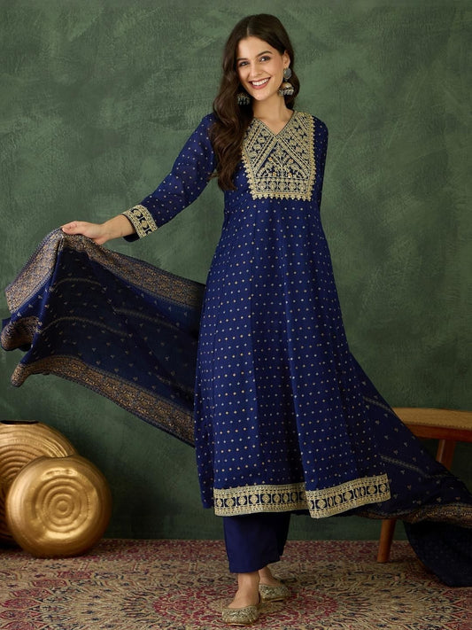 Dhiyona KL Women Blue Art Silk Embroidered Republic Day Republic Day Kurta Sets