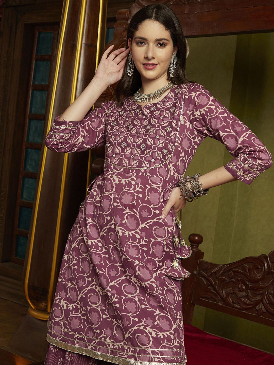 Dhiyona SN Women's Purple Floral Printed Notch-Neck Pure Cotton A-Line Kurta With Sharara & Dupatta.