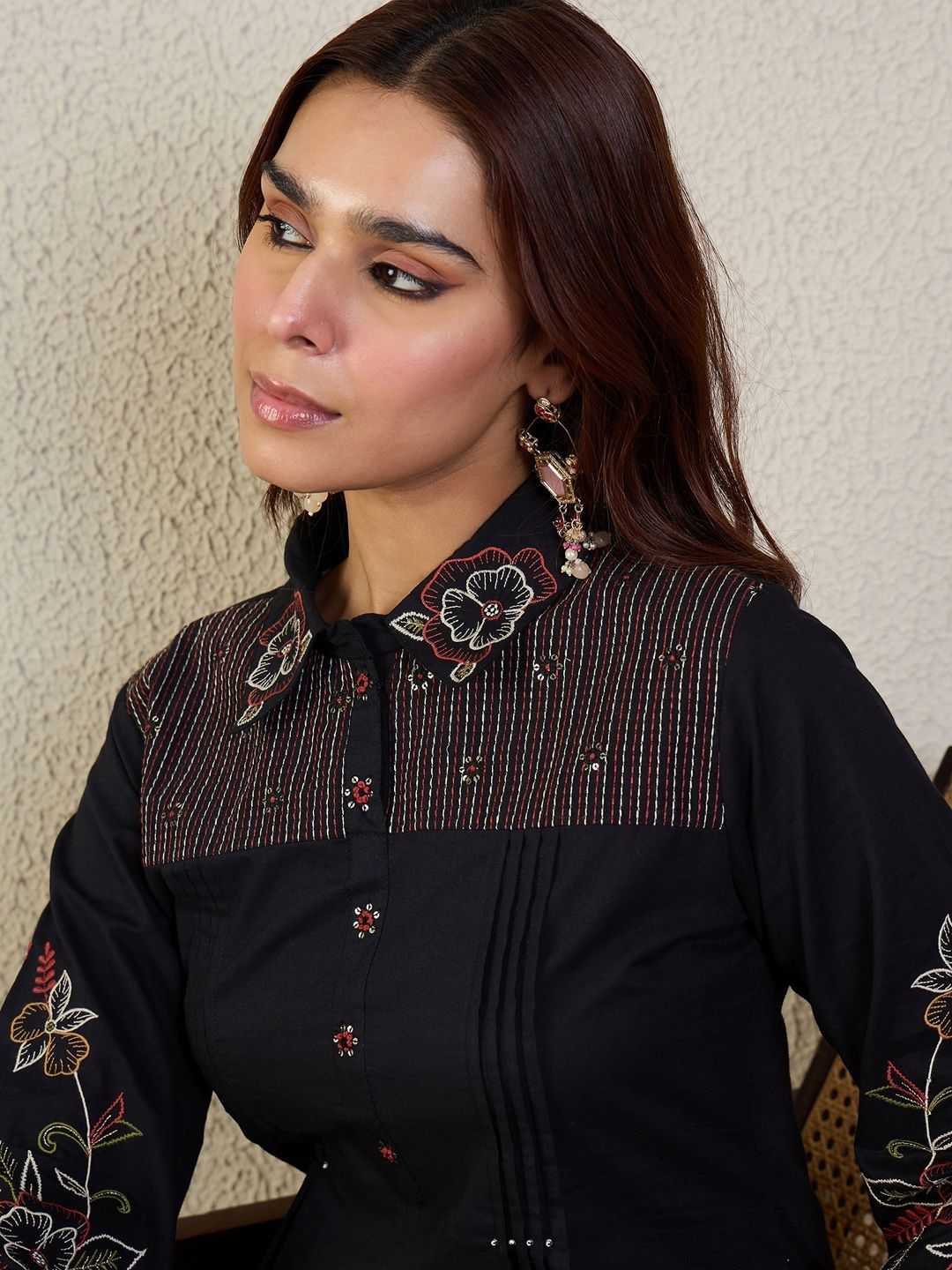 Women Floral Embroidered Thread Work Pure Cotton A-Line Kurti with Trousers