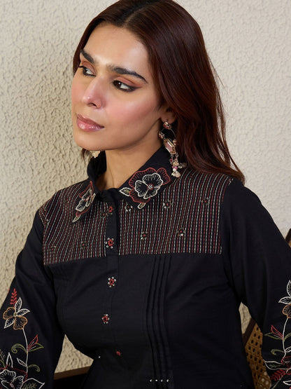 Women Floral Embroidered Thread Work Pure Cotton A-Line Kurti with Trousers