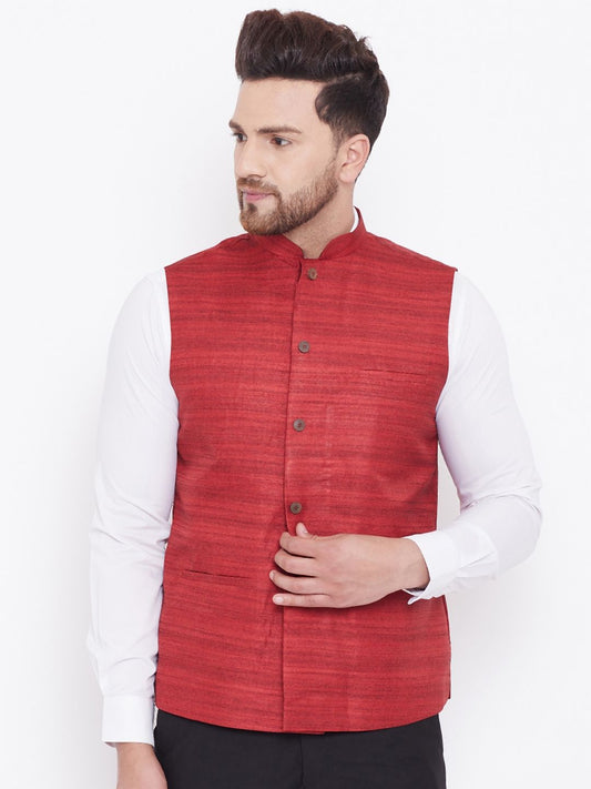 Men's Maroon Silk Blend Straight Nehru Jacket